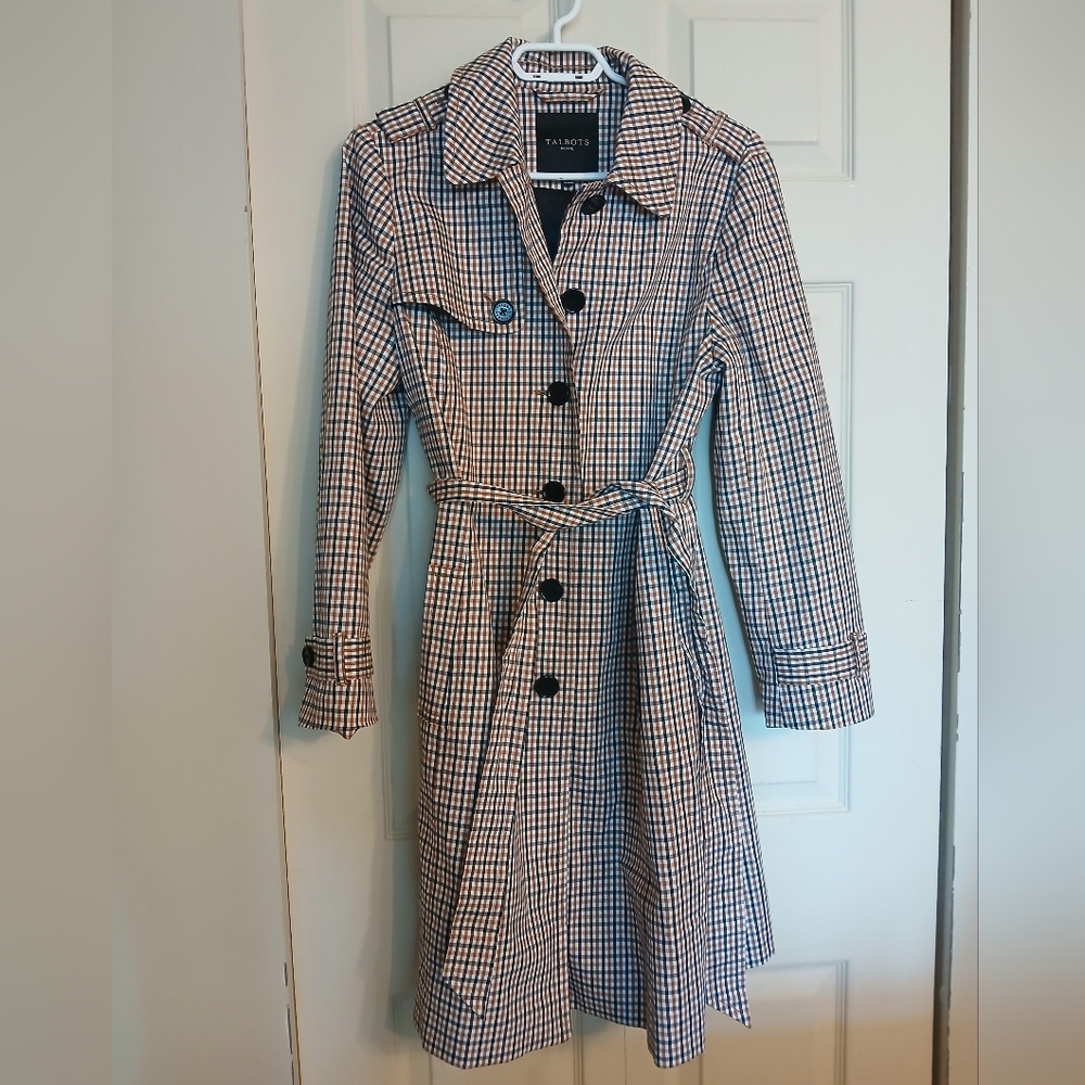 TALBOTS Plaid Belted Trench Coat, Size Large Petite (Lp)